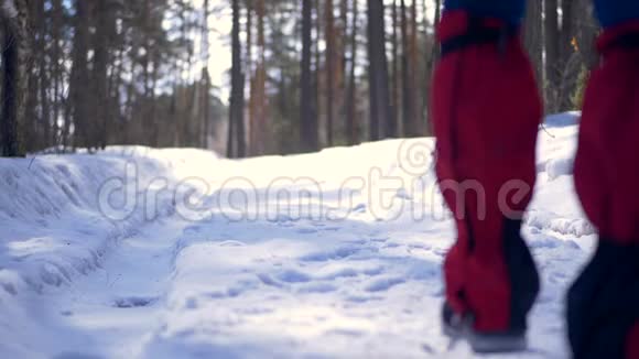 女徒步旅行者的腿在雪地上行走视频的预览图