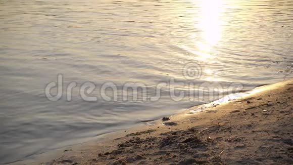 两个孩子在日落时跑去海滩慢动作视频的预览图