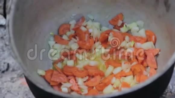 戴着礼帽的新鲜蔬菜胡萝卜洋葱土豆黄油视频的预览图