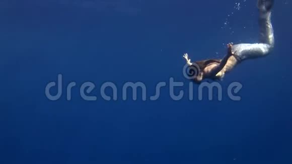 年轻女孩在红海的蓝色背景上模特水下美人鱼服装视频的预览图