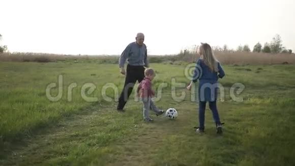 幼儿在户外和家人踢足球视频的预览图