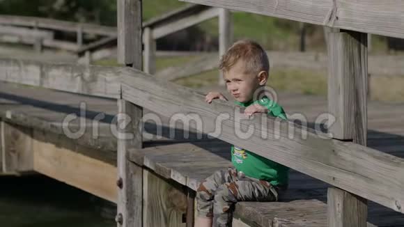 公园4k美丽的木桥上的小男孩视频的预览图