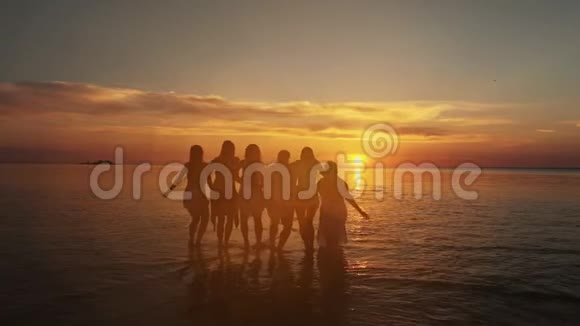 一群五个青少年朋友去海滩看海视频的预览图