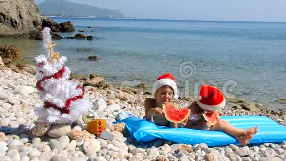 戴着圣诞帽的孩子们正在海滩上吃西瓜视频的预览图