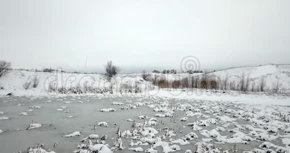 冰雪覆盖的池塘和白雪覆盖的植物冬季景观视频的预览图