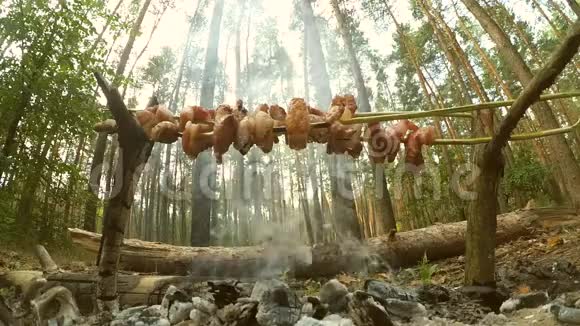 从下面的森林里放着猪油熏肉的烤肉串视频的预览图