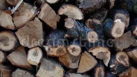 砍了桦木柴火一堆柴火伐木碎和堆放的木材视频的预览图