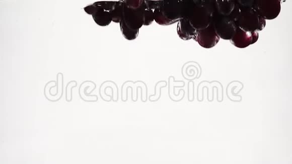 一串红葡萄慢慢地掉进水里有气泡白色背景的成熟浆果视频的预览图