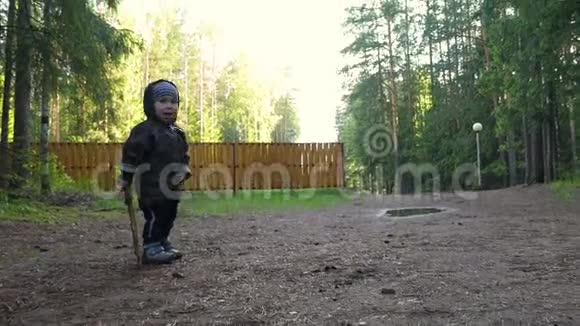 可爱的小男孩在公园里散步玩着玩着棍子追着妈妈跑视频的预览图