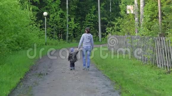 母亲和婴儿在松林的乡村道路上行走后景视频的预览图