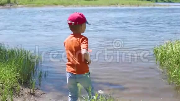 河岸上的男孩渔网美丽的夏日风景户外娱乐活动视频的预览图