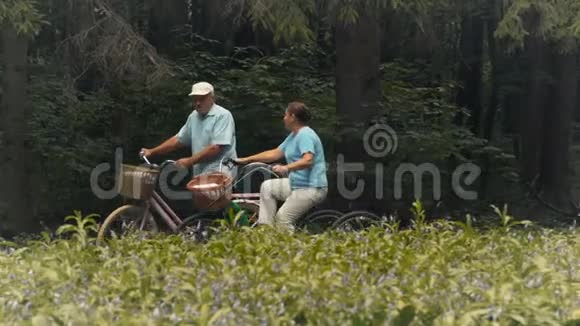 老人和老妇人在公园里骑自行车玩得很开心视频的预览图