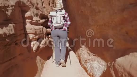 一个徒步旅行的女人在大峡谷的岩石之间徘徊视频的预览图