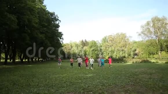 阳光明媚的夏日穿着便装在绿色公园里快乐地奔跑视频的预览图