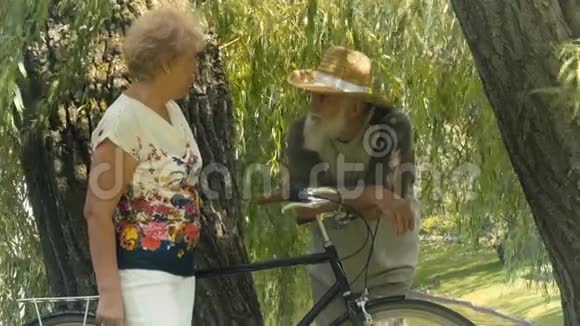 老妇人和老人在公园的柳树下谈话视频的预览图