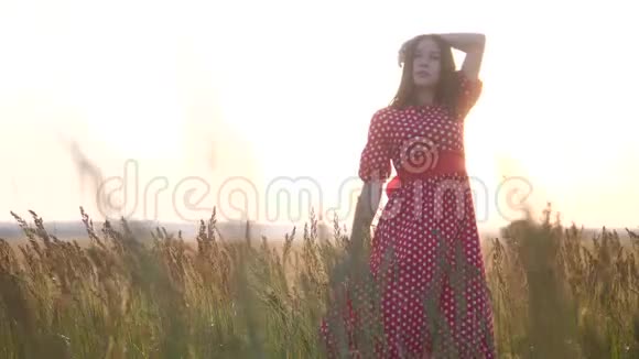 美丽的女孩黑发肖像大唇风在夕阳下的田野里剪影穿着红色的衣服视频的预览图