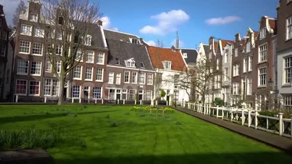 在阿姆斯特丹一个有草坪的舒适街区拍摄旧房子视频的预览图
