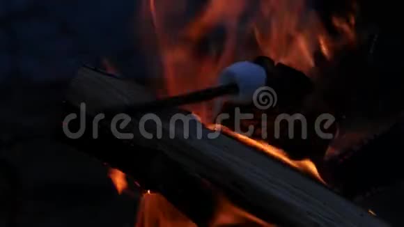 肉串上的棉花糖在木桩上炸了4K视频的预览图