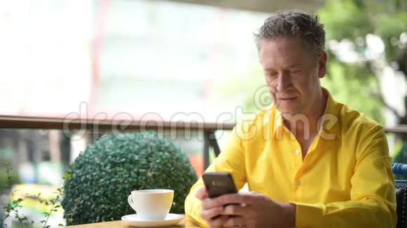 成熟的帅哥坐在咖啡店里用手机视频的预览图