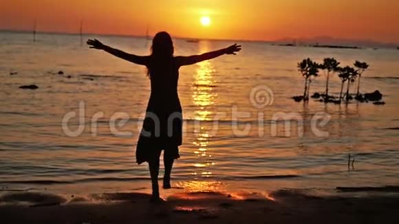 自由快乐的女人在海滩上奔跑伸出双臂享受日落时在海边跳舞的大自然慢慢慢慢视频的预览图