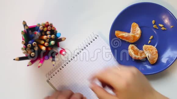 一个人想在笔记本上写作在笔的手中旋转不时地吃着一只躺在碟子上的普通话ViV视频的预览图