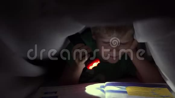 小男孩晚上用手电筒在毯子下看书视频的预览图