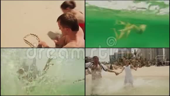 男孩和女孩在迪拜的海滩上玩和游泳视频的预览图