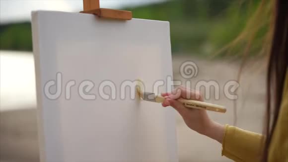 女艺术家准备在河岸上画画布视频的预览图