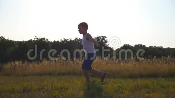 阳光明媚的一天小男孩举起双手在草地上奔跑儿童在户外草坪慢跑快乐视频的预览图
