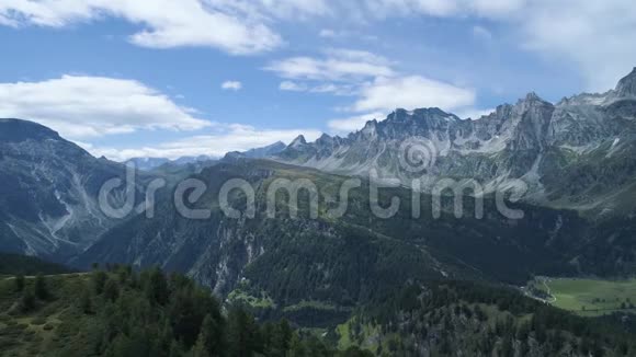 在阳光明媚的夏天从高山山谷向松林林山返回阿尔卑斯山视频的预览图