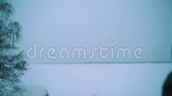 背着背包站在白雪覆盖的湖岸上的青年视频的预览图