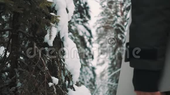冬天的时候年轻人在覆盖着雪的小径上触摸树枝视频的预览图