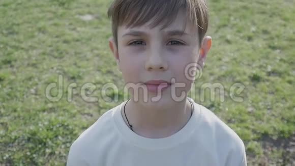 特写一张10岁男孩的半张脸背景是春天或夏天的绿色植物视频的预览图