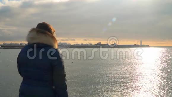 一个女人在日落时喂海鸥海洋中太阳的反射视频的预览图