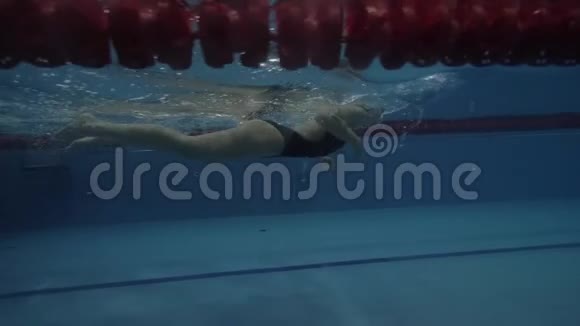 运动女子游泳运动员浮泳在水潭水下视野视频的预览图