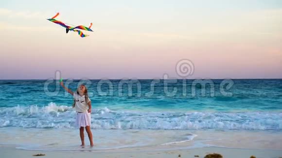 可爱的小女孩在热带海滩上放风筝孩子们在美丽的日落下的海边玩耍慢动作视频的预览图