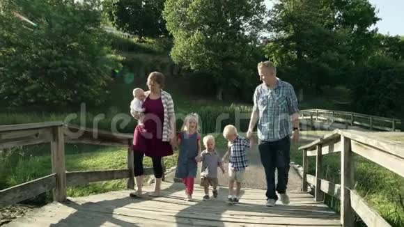 全高清公园桥上有四个孩子的幸福家庭视频的预览图