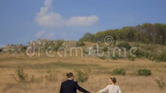 快乐的一对夫妇在草地上玩得很开心一对夫妇在田野里跑来跑去视频的预览图