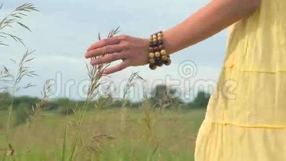 阳光明媚的一天一个年轻的女人快乐地走在绿色的田野上视频的预览图
