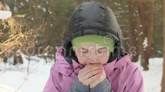 小女孩在寒冷的冬林中温暖双手视频的预览图