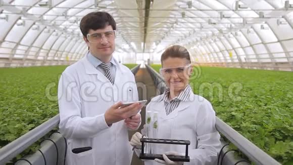 女性男性化学实验室工作人员进行植物样本测试视频的预览图