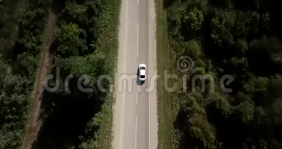 鸟瞰飞越老补丁两车道森林道路与汽车货车移动绿树密林生长两侧视频的预览图