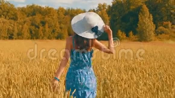穿着漂亮的女人手里拿着帽子跑过金色的麦田视频的预览图