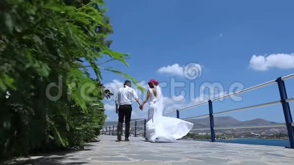 新婚夫妇正沿着河堤散步结婚纪念日视频的预览图