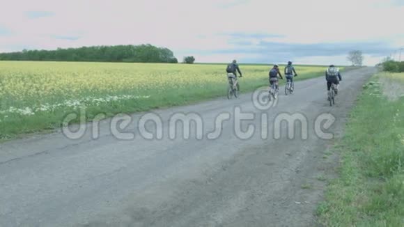 一群骑自行车的人沿着马路经过一片黄色的田野游客骑自行车在路上离开视频的预览图