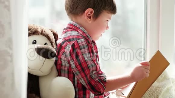 小孩子在家看书聪明的孩子坐在窗户上带着毛皮看童话故事视频的预览图