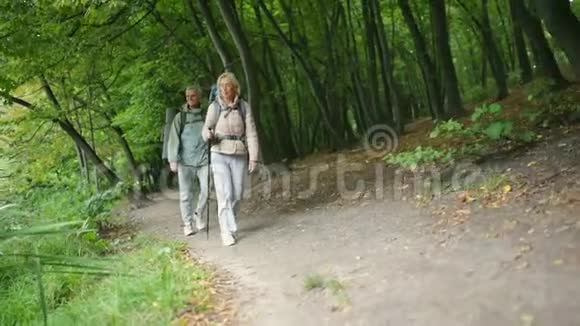 不错的一对退休游客在森林里散步视频的预览图