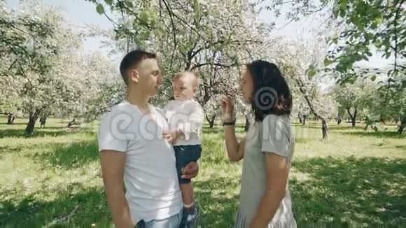 微笑的父母抱着儿子在夏天的苹果树公园幸福家庭概念视频的预览图
