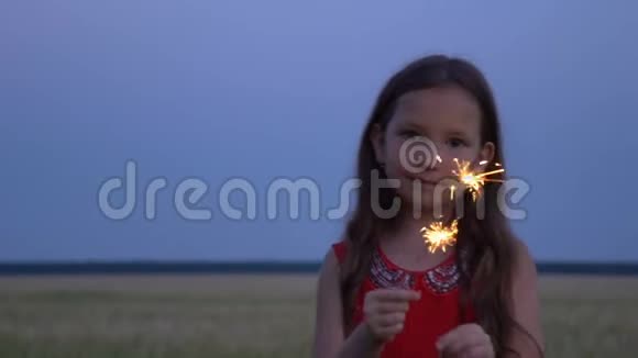 一个晚上手里拿着火花的女孩的肖像视频的预览图