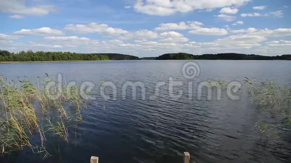 乡村景色蓝天下湖面光滑云团密布视频的预览图